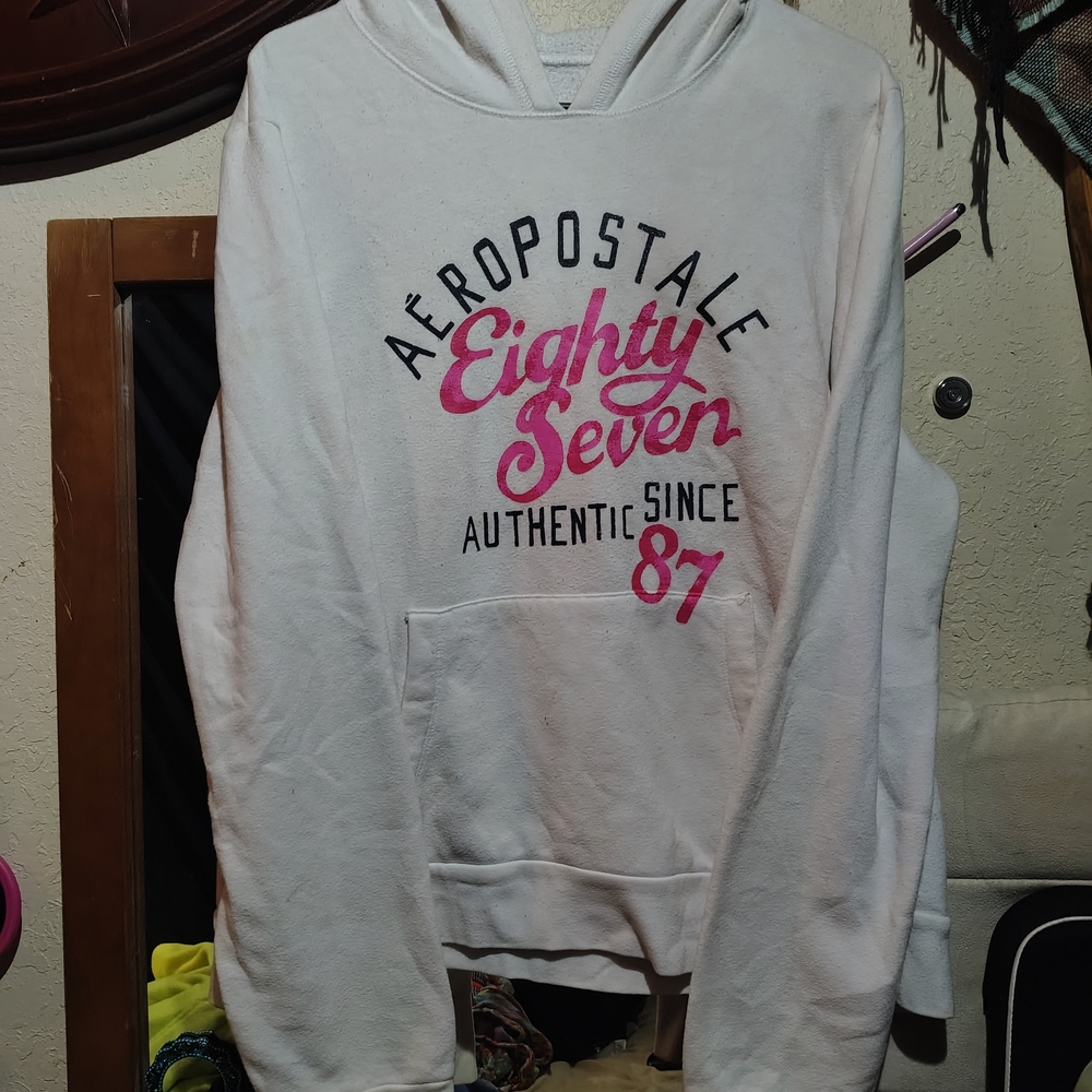 Vintage Y2K Aeropostale White Hoodie with Pink and Black Print